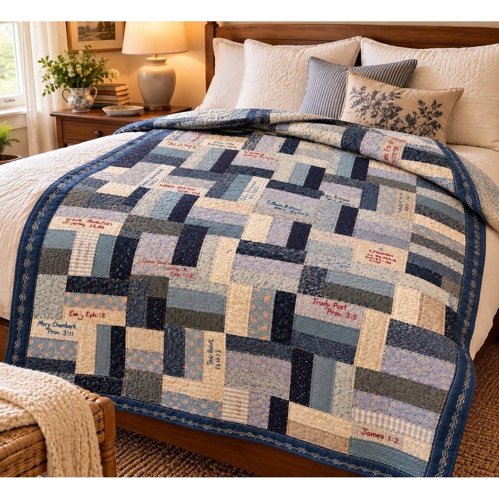 Handmade Friendship Signature Quilt Bible Verses Embroidered Names 67x78 Blue